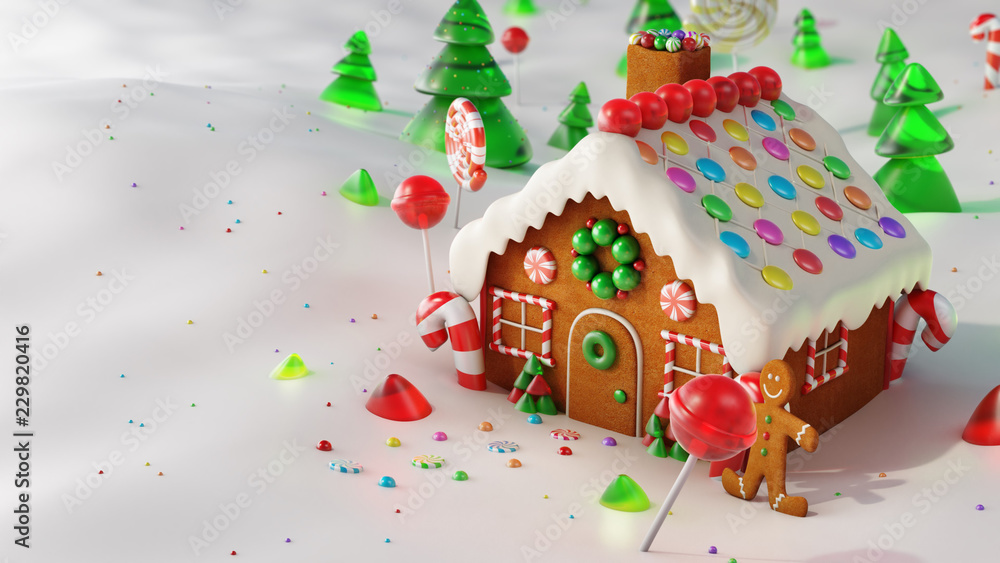 Christmas Gingerbread house in snow. 3d rendering