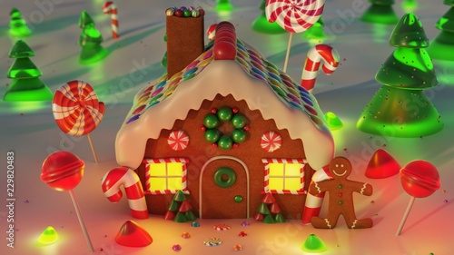 Gingerbread house Christmas night scene backgound, snowy night with stars. 3d rendering.