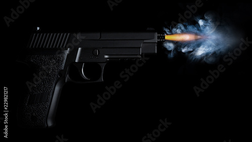 shot from a handgun with a bullet in motion, fire and smoke 