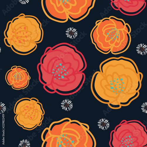 Modern floral seamless vector pattern. Colorful flowers in rose red, white and orange float over a black background. Great for textiles, fashion, decor, stationery, gift wrapping and graphic design.