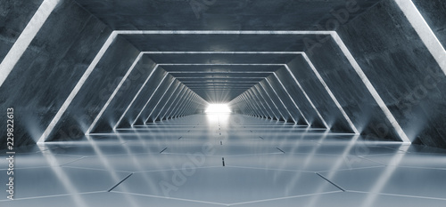 Modern Futuristic Sci-FI Long Empty Concrete Triangle Corridor With Daylight And Hexagonal Reflective Floor Glowing End Wallpaper Background 3D Rendering