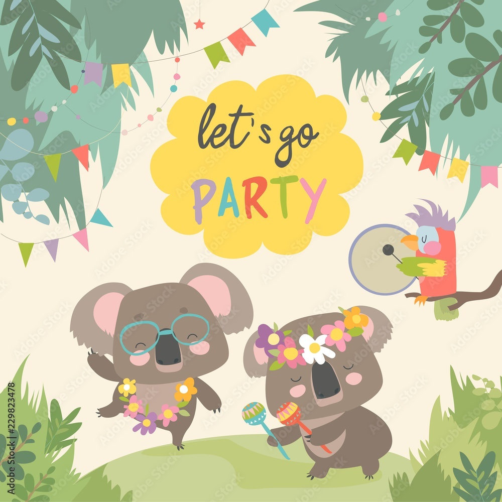 Fototapeta premium Cute koala dancing with friend on lawn