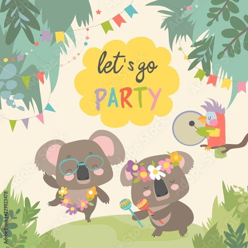 Cute koala dancing with friend on lawn