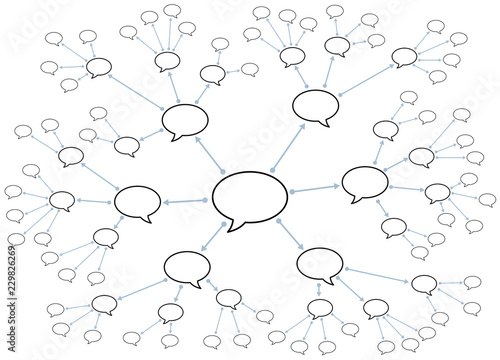 Network with speech bubbles. Symbolic for rumors, gossip factory, disclosure of information or knowledge sharing.