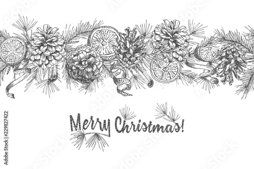 Christmas seamless garland Realistic Botanical ink sketch of fir tree branches with pinecone isolated on white