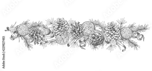 Christmas garland Realistic Botanical ink sketch of fir tree branches with pine cone isolated on white background. Good idea for design templates invitations, greeting cards. Vector illustrations