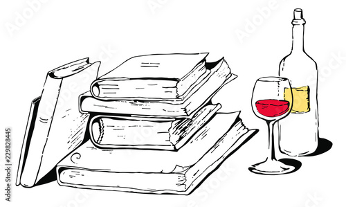 a pile of old books near a bottle and a glass of red wine - vector illustration