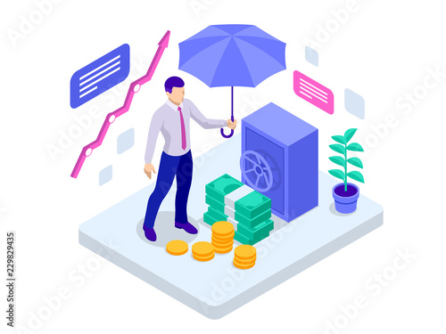 Isometric business insurance, investment insurance and money storage concept. Vector illustration