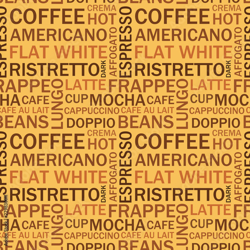 Coffee types seamless text pattern