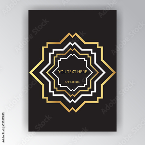 Art Deco page template, octagonal geometric pattern with zoom in effect for print and web decoration, creative style background golden black white.
