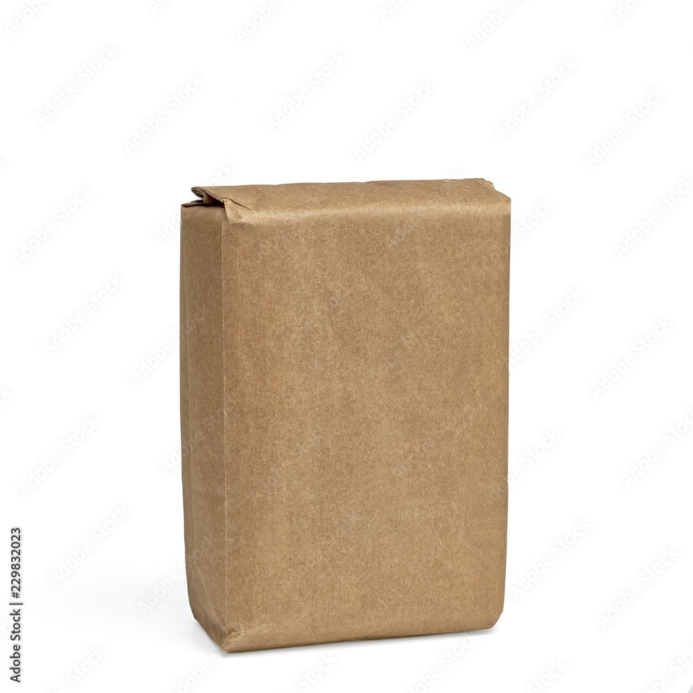 Blank kraft flour or sugar package isolated on white background with clipping path Blank kraft flour or sugar package isolated on white background with clipping path
