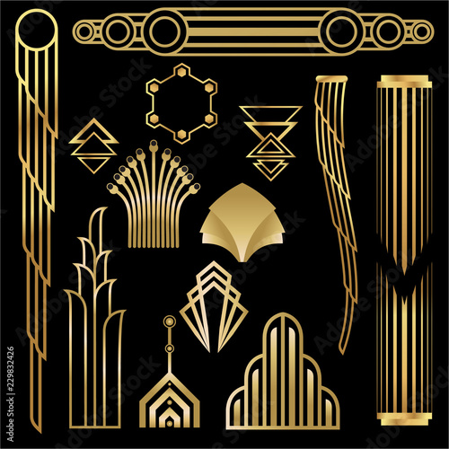 Art deco/Art nuvo diy vector golden black elegant  set of objects for print and web. Creative illustration..