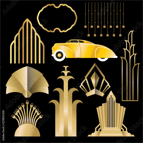 Art deco/Art nuvo diy vector golden black elegant  set of objects for print and web. Creative illustration..