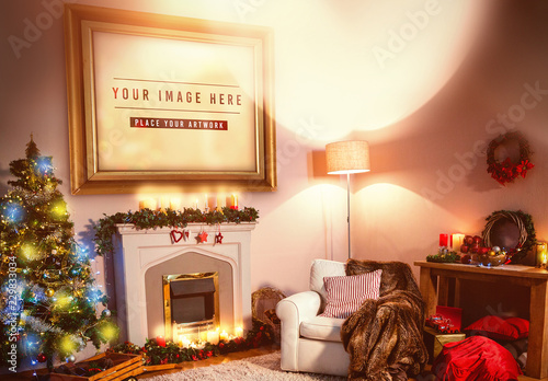 
Frame on Wall with Holiday Decorations Mockup