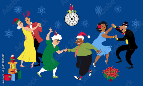 Christmas or New Year party at a retirement community, senior citizens dancing, EPS 8 vector illustration