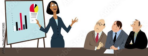 Businesswoman making a presentation to a group of skeptical and non-appreciative male co-workers, EPS 8 vector illustration 