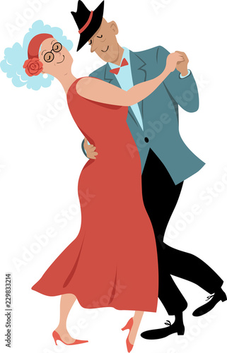 Cute couple of senior citizens dancing waltz, EPS 8 vector illustration