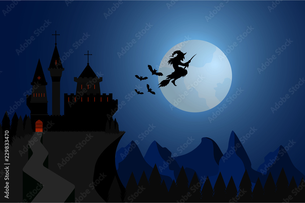 Halloween illustration witch flying under hills , dark castle with bats in full moon nigh.
