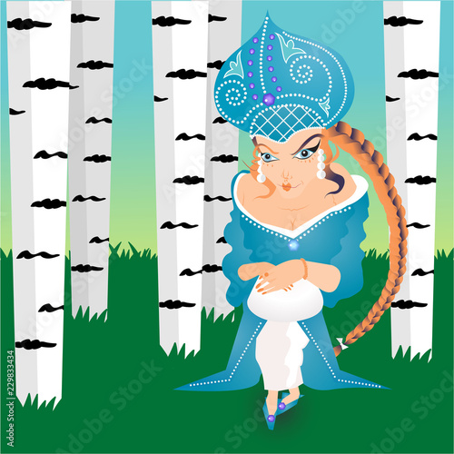Russian fairytale "snow maiden girl" with kokoshnik , Birch and summer forest background. Summer illustration , authentic.National costume.
