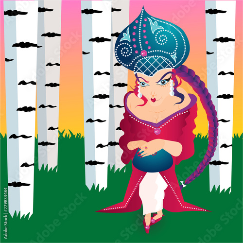 Russian fairytale   princess with kokoshnik , birch and snow background. winter illustration, authentic.National costume red, blue, white .