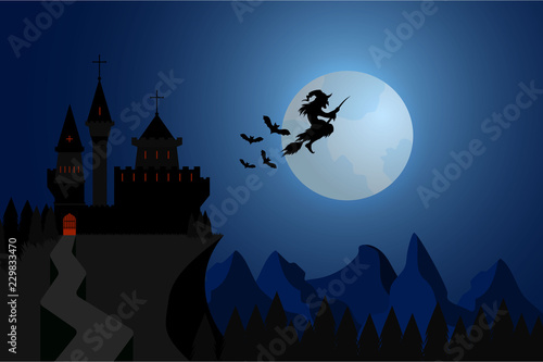 Halloween illustration witch flying under hills , dark castle with bats in full moon nigh.