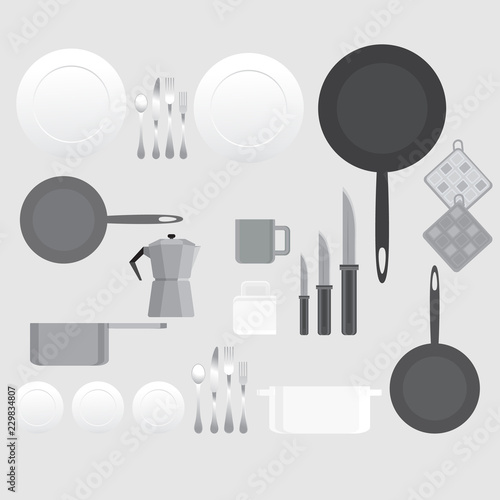 Creative black and white kitchen equipment illustration for web and print minimalistick flat vector cartoon photo