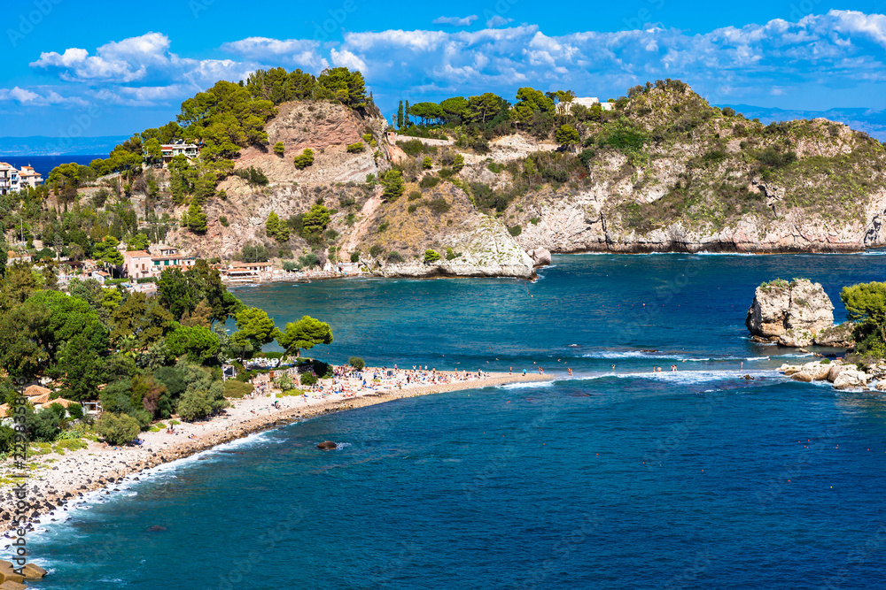Beautiful beach at Isola Bella in Taormina, Sicily, Italy.