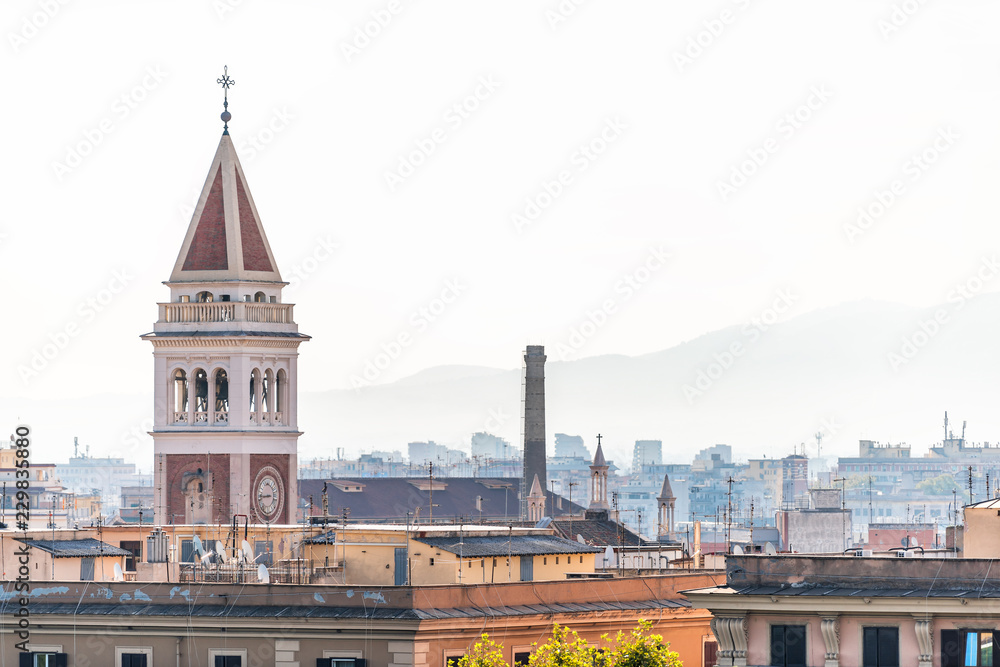 Fototapeta premium Rome, Italy historic city with church tower bell, summer day cityscape skyline, mountain aerial view of urban rooftops