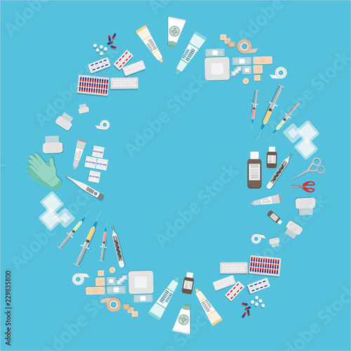 Medical equipment flat web and print illustration doctor medical supplies, first aid help , creative concept for medical care vector cartoon set for health care light blue .