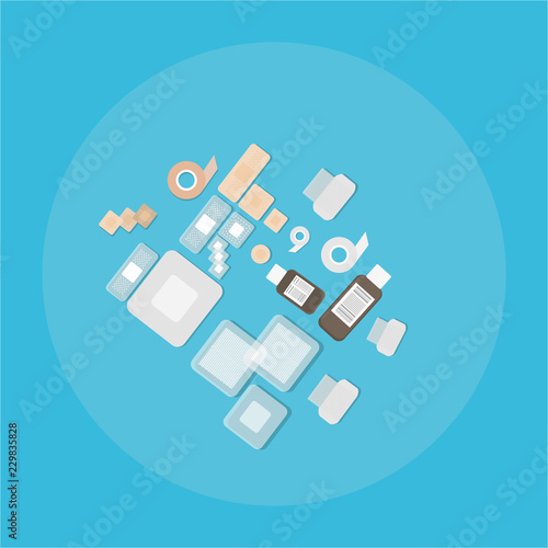 Medical equipment flat web and print illustration of plasters and bandages, creative concept for pharmacy care vector cartoon set for health care light blue .
