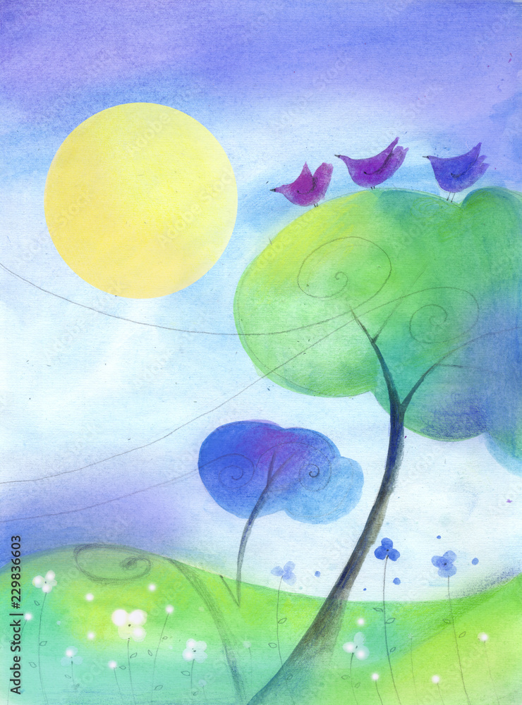 crayon and watercolor illustration of summer landscape with meadow,  trees, flowers and birds