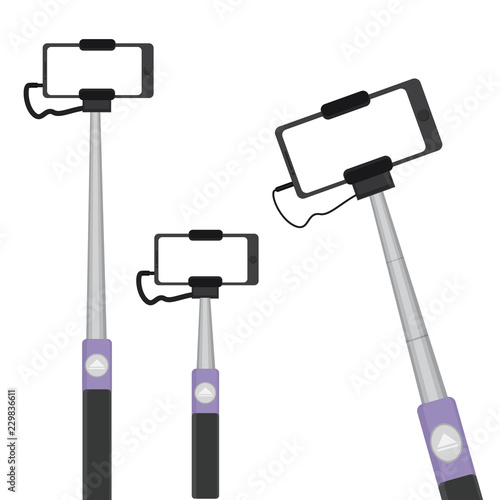 Isolated monopods set with phones for selfie. For web and print