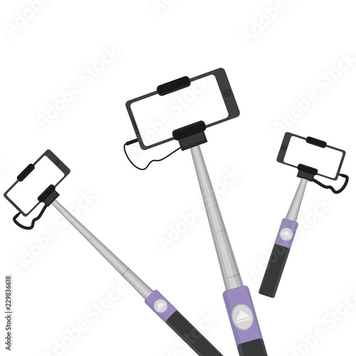 Isolated monopods set with phones for selfie. For web and print