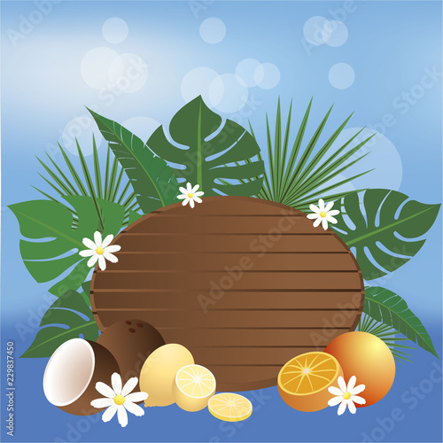 Summer banner beach style vector illustration , wood desk and tropic fruits with blurred sky  ,sea and horizont
