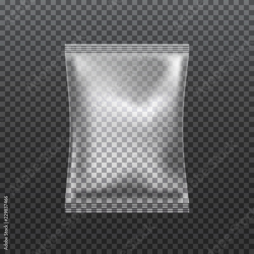 Vector realistic transparent pillow bag isolated on grey background. Nylon pack template ready for your design, promotion, advertising. Polythene package mock-up.