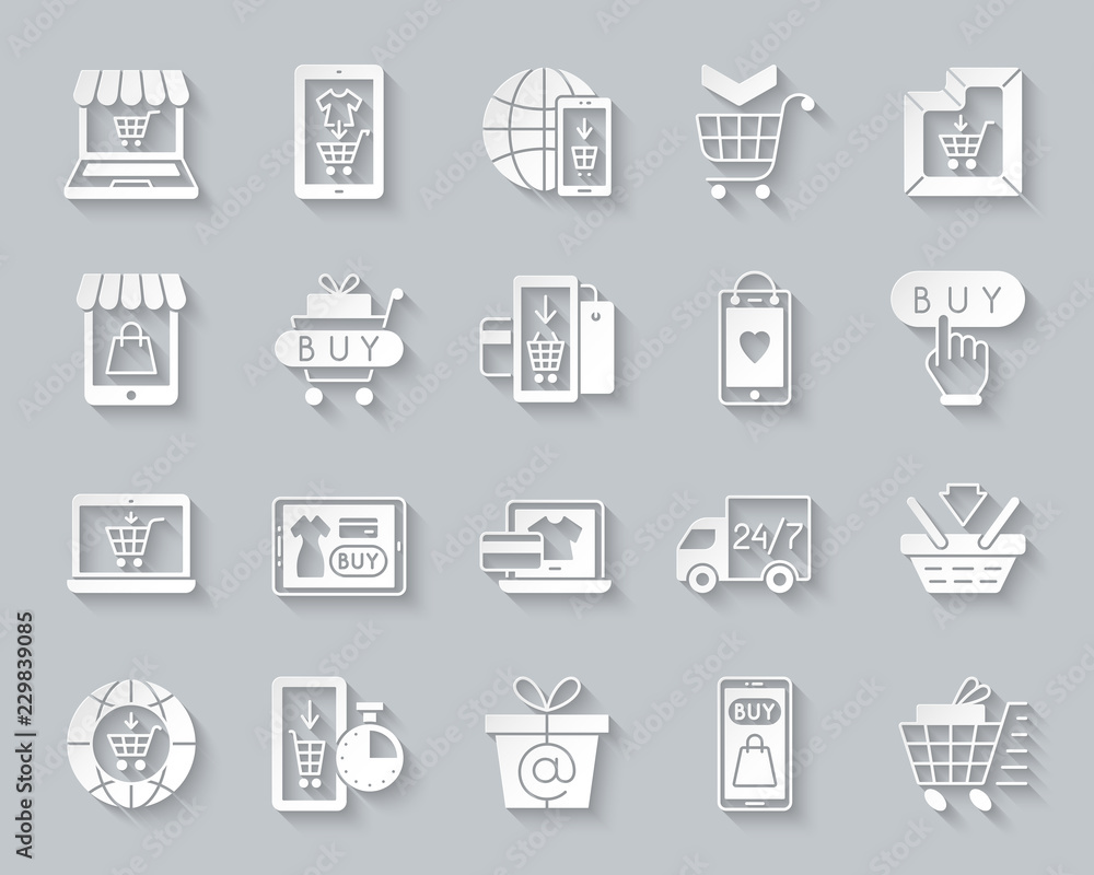 Online Shop simple paper cut icons vector set Online Shop simple paper cut icons vector set