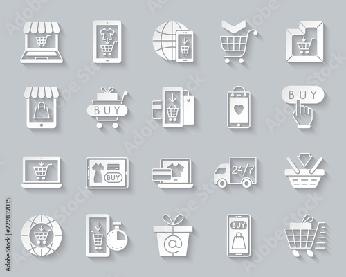 Online Shop simple paper cut icons vector set