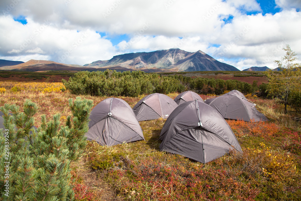 Tourist camp in the tundra. five brown tents on the background of the hills. near the village of Esso. Kamchatka. Russia