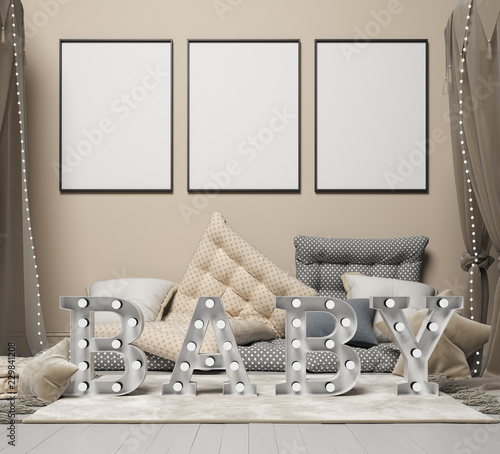 Mock up poster frame in children room interior background, 3D render