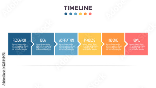 Business infographics. Timeline with 6 steps, options, squares. Vector template.