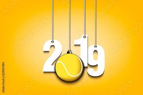 2019 New Year and tennis ball hanging on strings