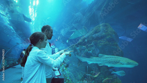 Teenage girl with Dad amusingly watching the fish in Aquarium