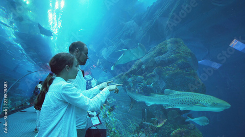 Teenage girl with Dad amusingly watching the fish in Aquarium photo