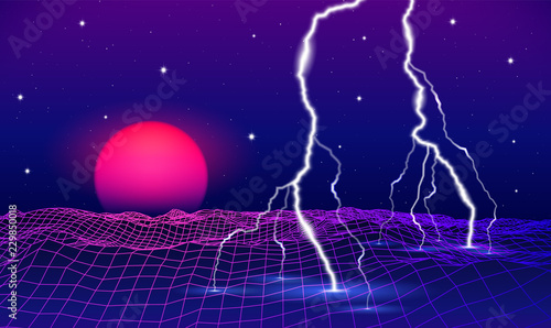 Retro 80s styled futuristic landscape with neon sun or moon and lightning in digital space with shiny grid
