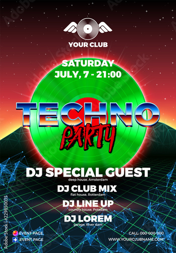 80s party poster with orange background and green vinyl lp for techno retro rave