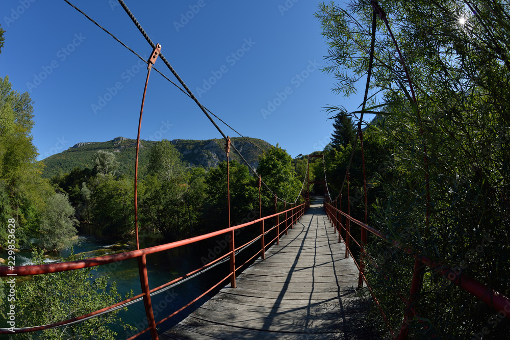 wooden bridge over wild river
