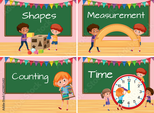 Set of children with math lesson