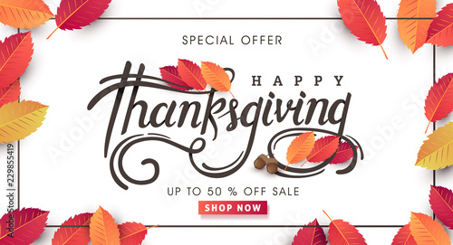 Thanksgiving day banner background. Celebration quotation for card.vector illustration.Autumn season Calligraphy of "Thanksgiving".