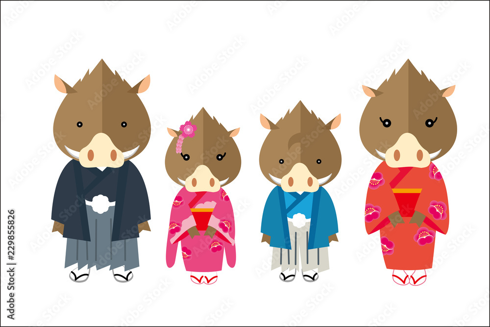 年賀状素材 和装のゆるキャラの猪家族のイラスト ご挨拶 Stock Vector Adobe Stock