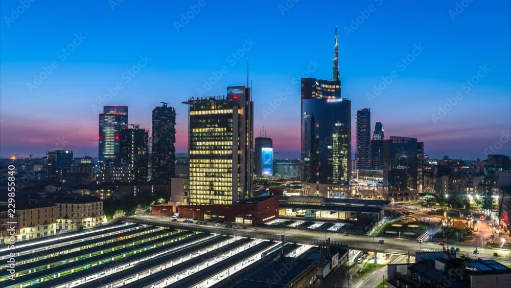 Milan Skyline aerial view from day to night time lapse video Milan Skyline aerial view from day to night time lapse video